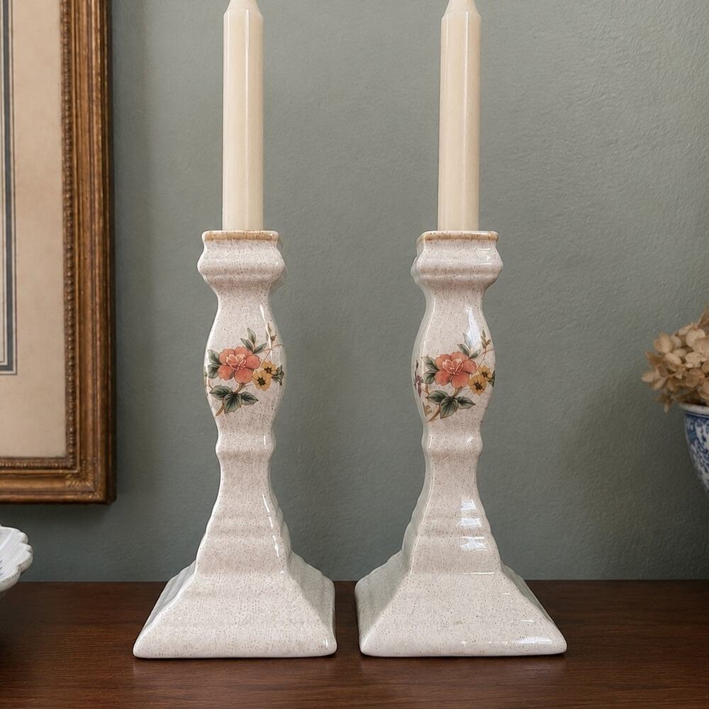 Vintage Set of Mikasa Japan Ceramic Candlestick Holders | Speckled Beige Floral